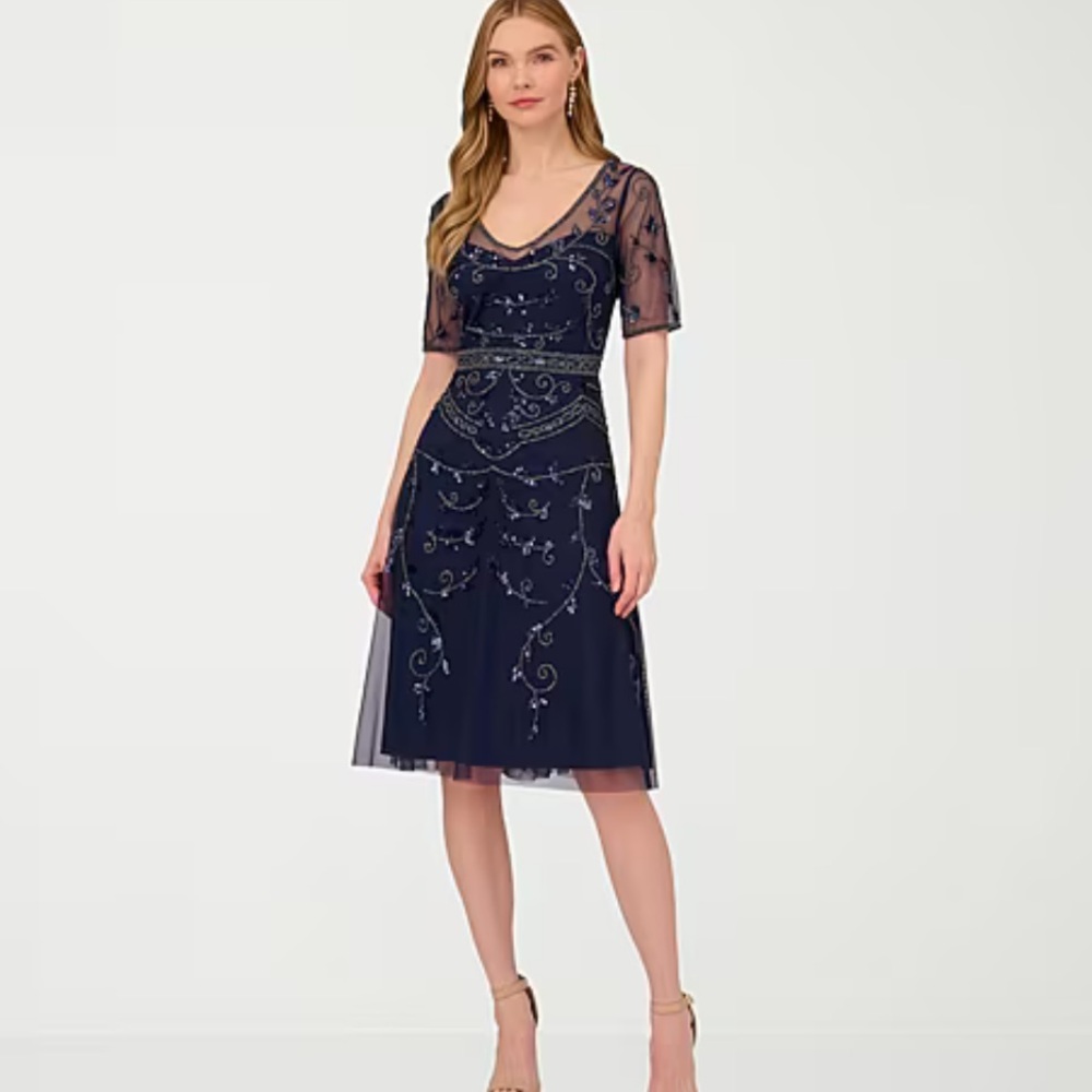 Papell Boutique Embellished Navy M A-Line Evening Dress Sz 18 NWT